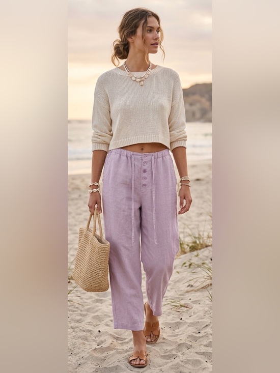 Chadwicks Pants - Chadwicks Women’s Sz 14 Cropped Linen Pants Elastic Waist Pockets casual boho